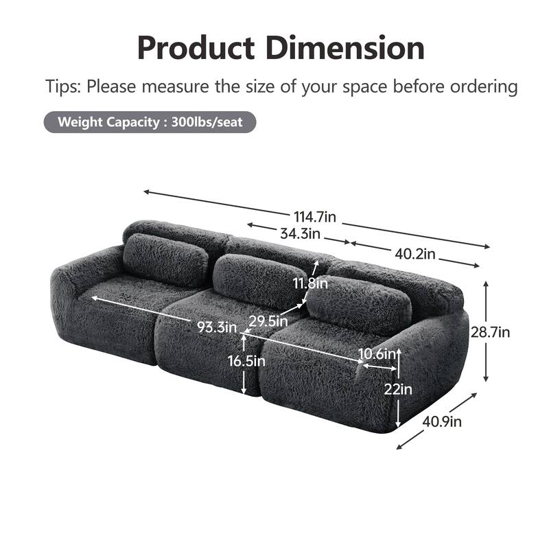 Roomfitters 114 Inch Modular Floor Sofa, Fluffy Plush Sectional with Ottoman, Chocolate