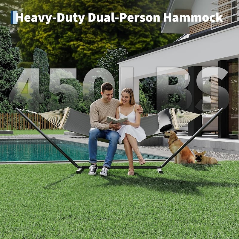 Heavy Duty Portable Double Hammock with Stand for Outdoor Patio, Garden, Beach, Backyard