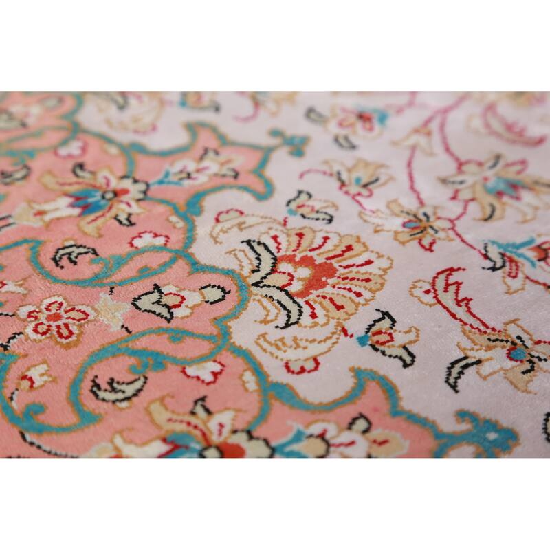 Hand Knotted Oriental 100% Silk Carpet Traditional Floral Beige & Ivories Qum Area Rug - 9' 11'' X 6' 5''