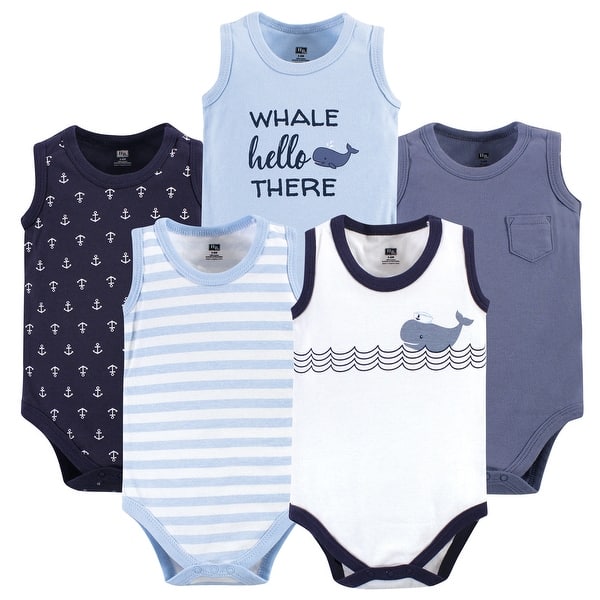 slide 1 of 1, Hudson Baby Infant Boy Cotton Sleeveless Bodysuits 5pk, Sailor Whale 0-3 Months - Sailor Whale