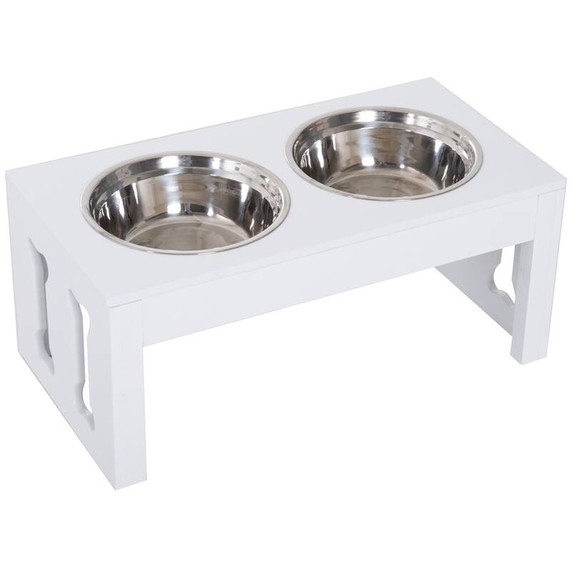 PawHut 23" Modern Decorative Dog Bone Wooden Heavy Duty Pet Food Bowl Elevated Feeding Station - White - White