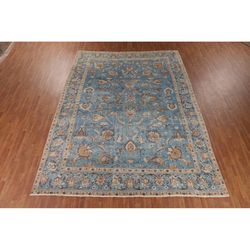Light Blue Distressed Tabriz Persian Antique Rug Handmade Wool Carpet - 10'2" x 13'2"