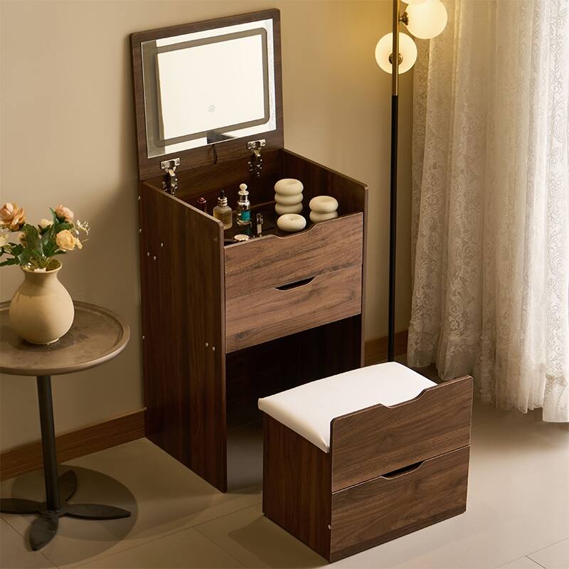 3 in 1 Vanity Desk with Plip-up Mirror & Lights, Glass Top Small Makeup Vanity, Makeup Desk with 3 Drawers & Storage Bench