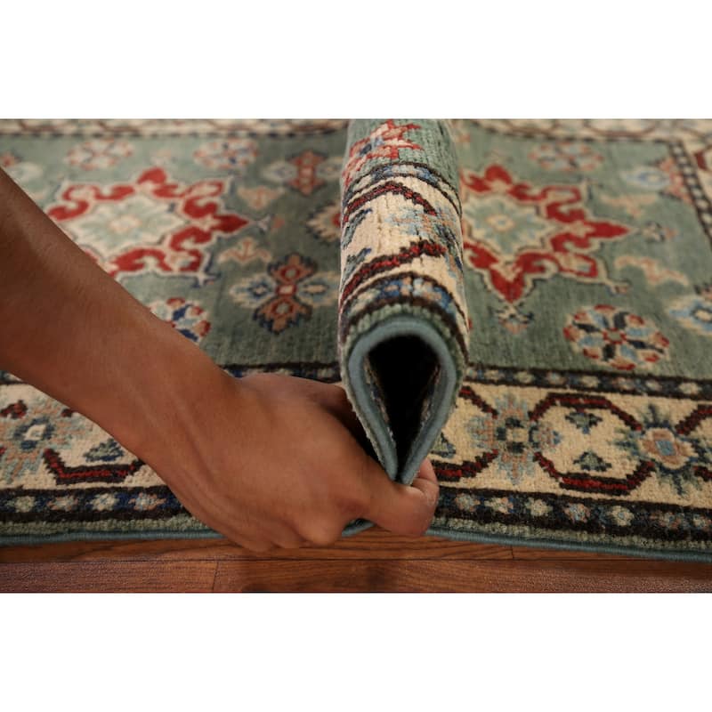 Green Geometric Kazak Oriental Runner Rug Handmade Wool Carpet - 2'2" x 5'11"