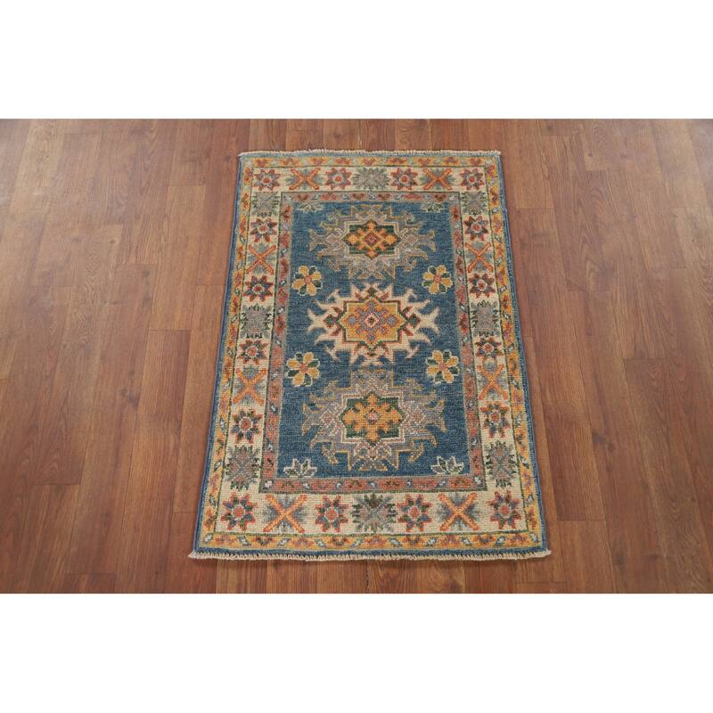 Hand Knotted Oriental 100% Wool Carpet Traditional Geometric Navy Blue & Blues Kazak Area Rug - 2' 10'' X 1' 11''