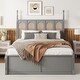 preview thumbnail 1 of 5, Queen Size Rattan Platform Bed with 2 Drawers, Wooden Bed with Twin Trundle, Space-saving Bed with Rattan Headboard, Grey Grey