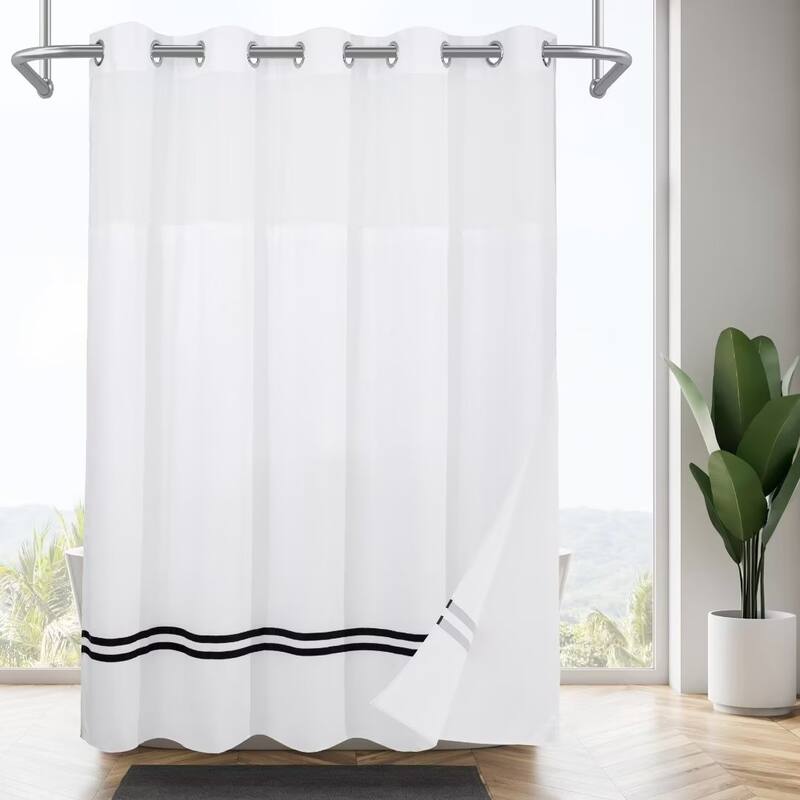 No Hooks Stripe Shower Curtain with Snap-in Liner