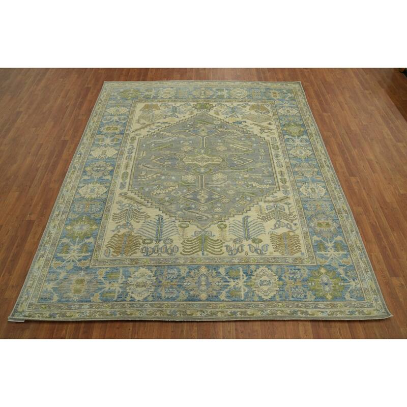 Handmade Gray Oushak Vegetable Dye Area Rug, Medallion Geometric Carpet - 9' 8'' X 8' 3''