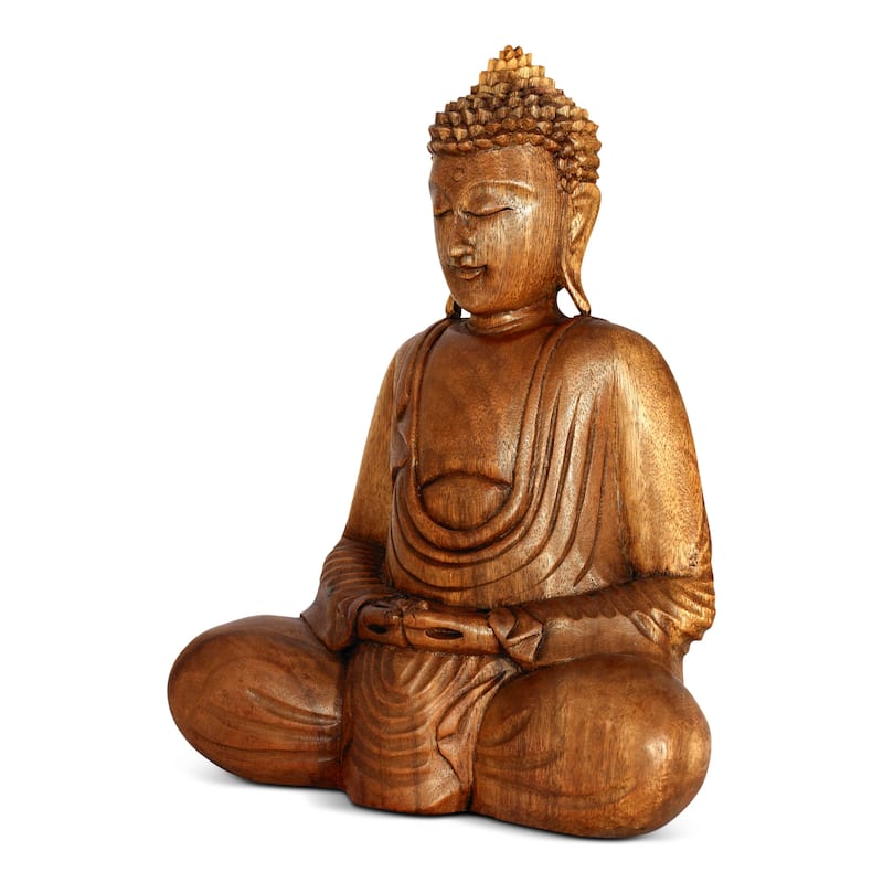 Wooden Serene Sitting Buddha "Dhyana Mudra" Statue Handmade Meditating Sculpture Figurine Decorative Home Decor Accent - 16" TALL x 12" WIDE x 6" DEEP
