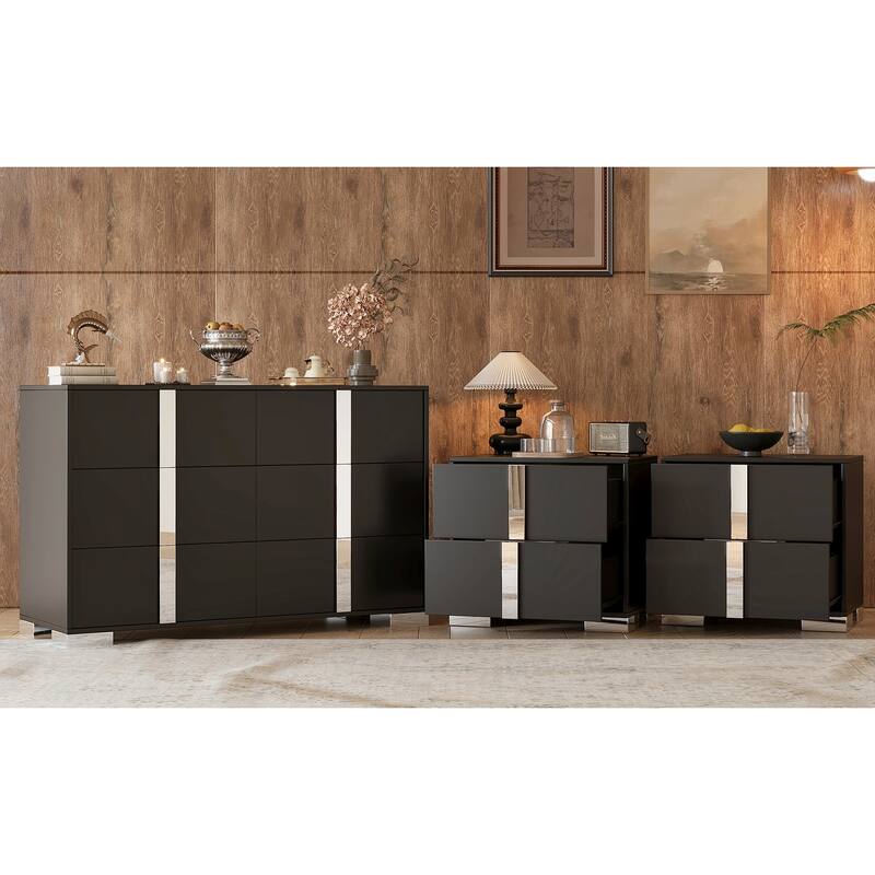 3-Pieces Sets, Elegant 6 Drawers Dresser And Two Nightstands, Storage Cabinet And Bedside Table With Metal Handles