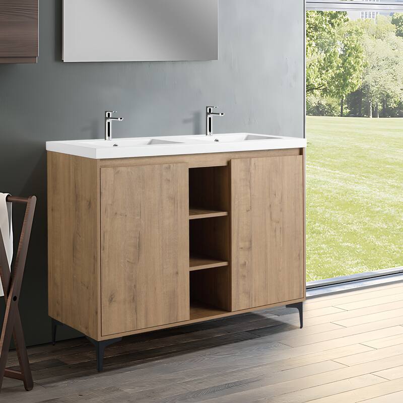 Modland 48" Freestanding Double Sink Vanity - Soft-Close Doors, Resin Top & Eco Plywood, Imitative Oak - 48 Inch