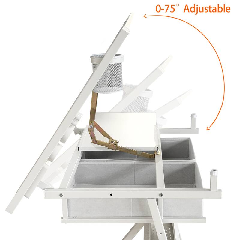 Adjustable drawing drafting table desk with 2 drawers for home office and school with stool (all white)