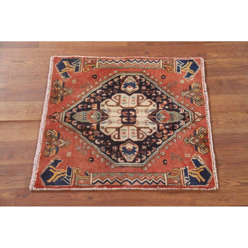 Geometric Abadeh Persian Vintage Square Rug Hand-Knotted Wool Carpet - 1'10" x 1'11"