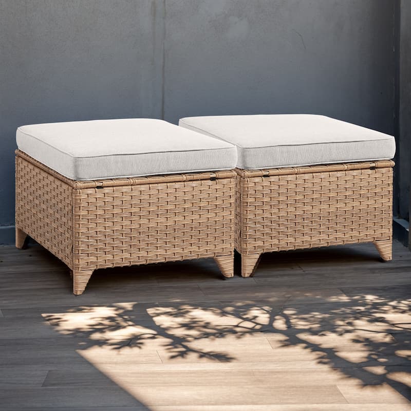 Wicker Rattan Ottoman Outdoor Patio Ottoman - Yellow - Beige