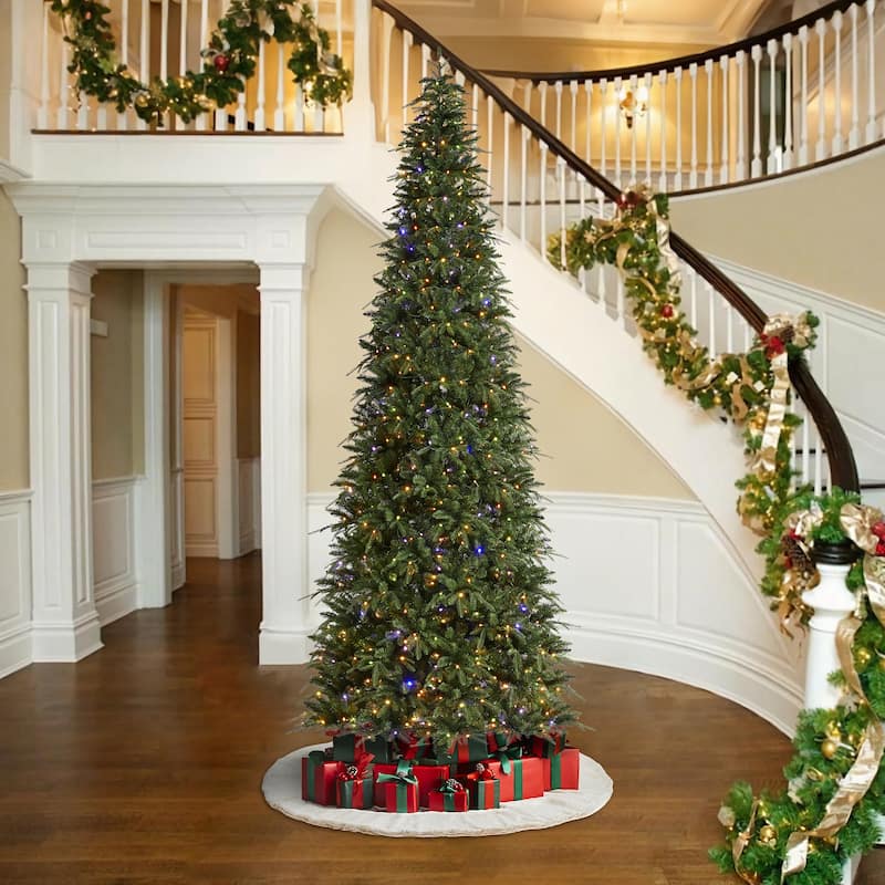 Glitzhome 11ft Pre-Lit Green Slim Fir Artificial Christmas Tree with 850 LEDs & 9 Light-Modes