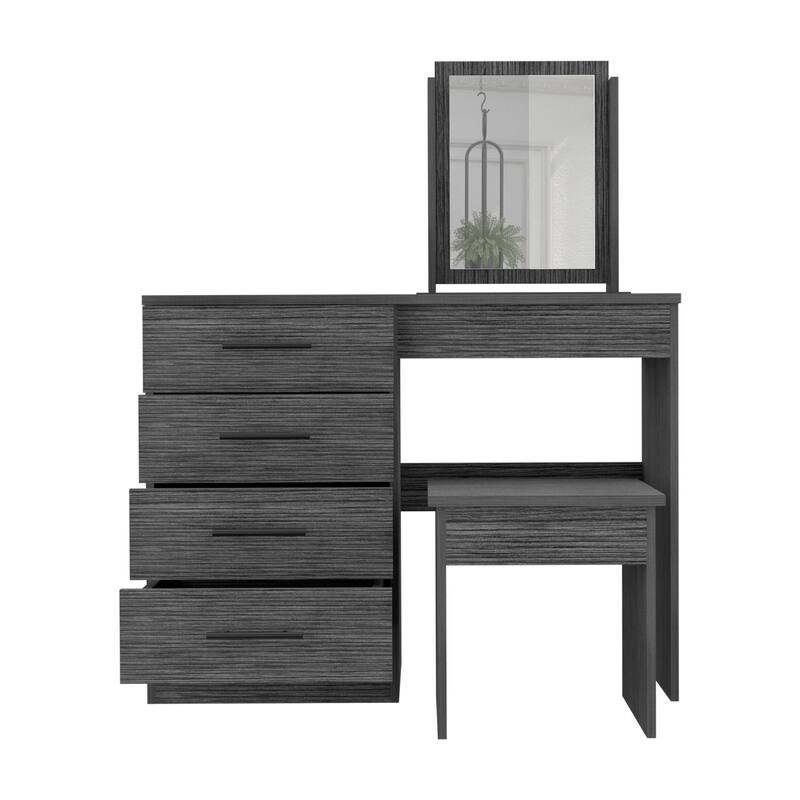 Compact Makeup Dressing Table with Storage Drawers, Mirror, and Stool in Smoke Grey Finish for Modern Bedrooms