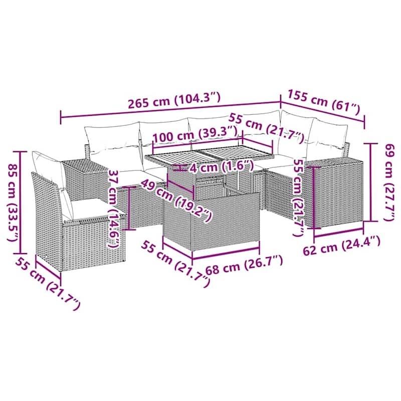 vidaXL Patio Sofa Set with Cushions Outdoor Lounge Set 7 Piece Poly Rattan - 21.7 x 24.4 x 27.2