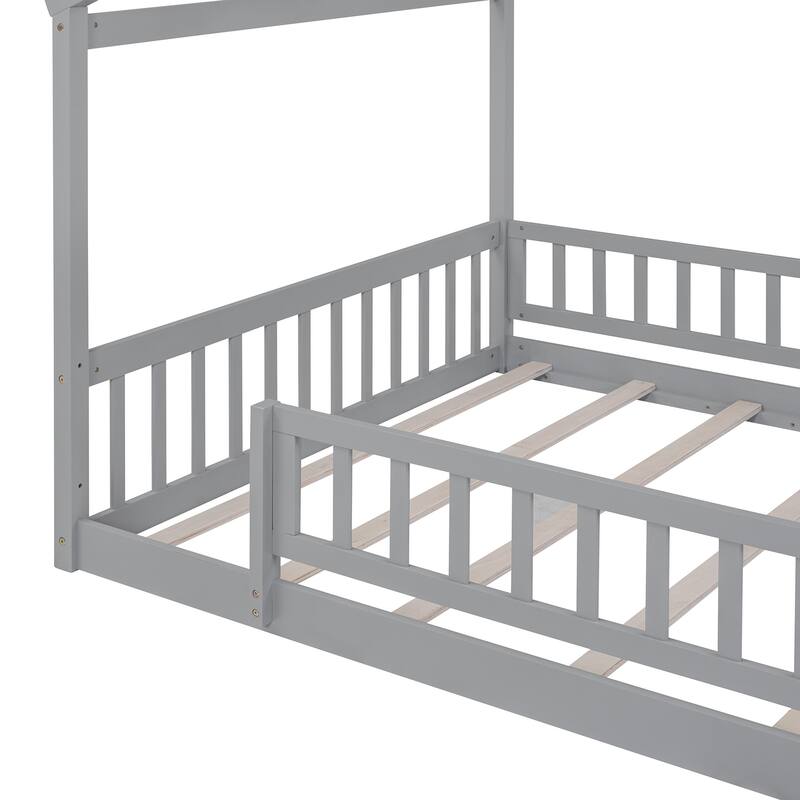 Full Size House Bed Frame with Roof and Fence - Sturdy Pinewood Construction for Children's Bedrooms, Small Space