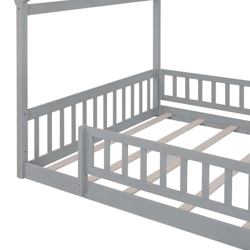 Full Size Wooden House Bed Frame with Fence for Kids and Teens in Gray