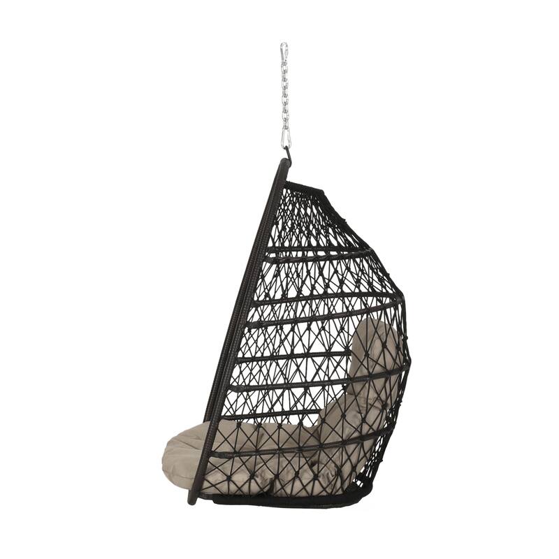 Roomfitters Hanging Wicker Egg Chair, Teardrop Rattan Swing Seat with Soft Tan Cushion and Steel Chain for Patio