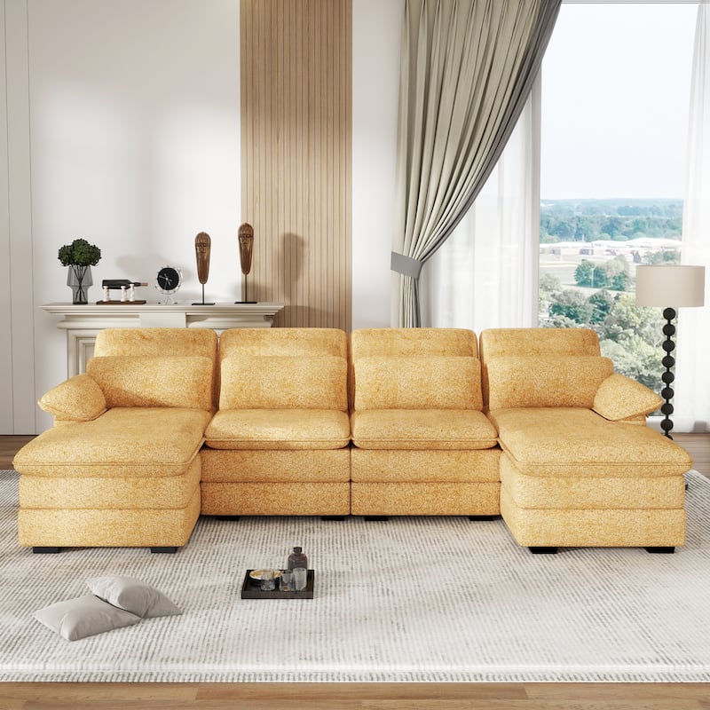 U-Shaped 111.8" Cloud Combo Sofa 4-Seater Chenille Fabric Sofa with Arms - Yellow