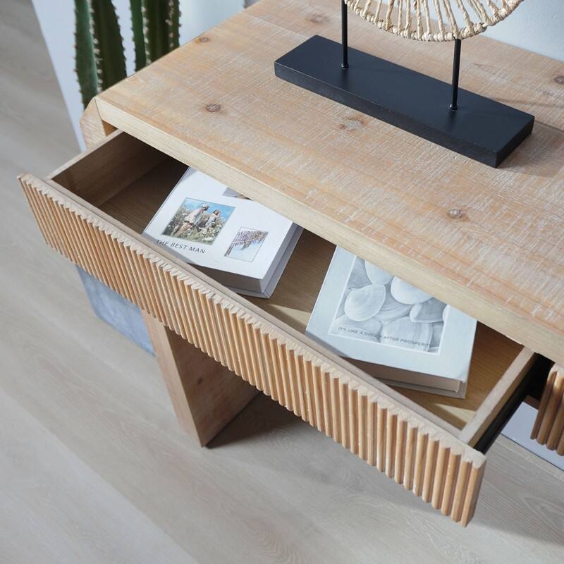 Rustic Wooden Console Table with Drawer - Minimalist Design, Ribbed Texture, and Natural Finish