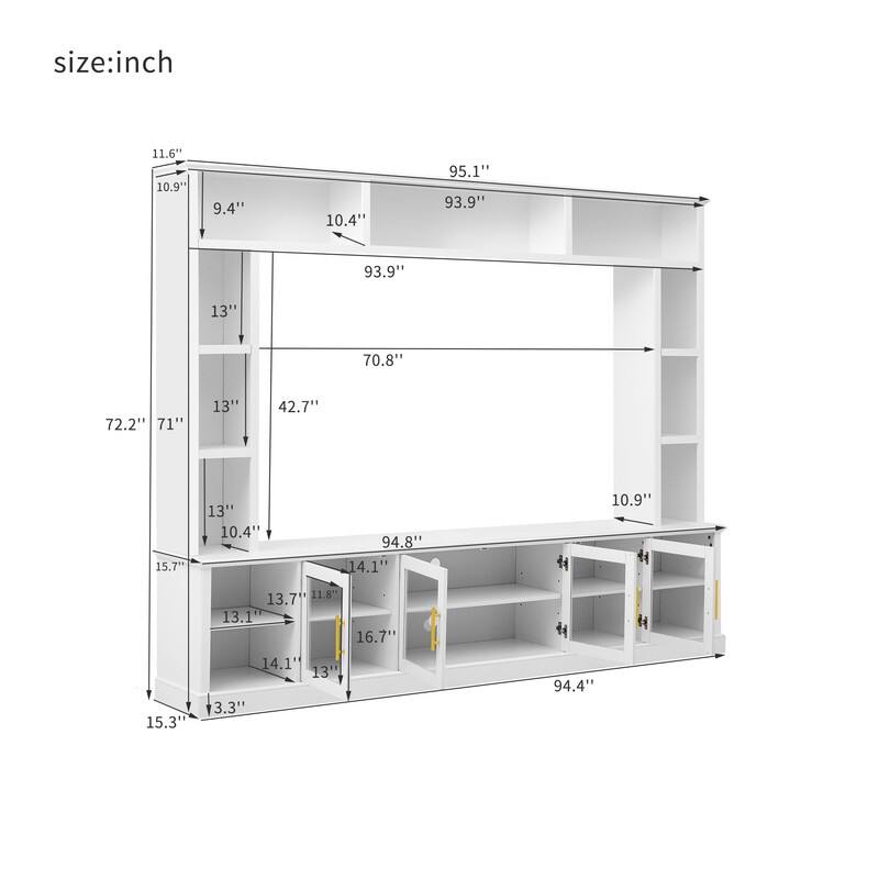 Modern Entertainment Center Wall Unit for TVs up to 80", One-Piece 95.1" TV Console Unit with Bookshelves & Tempered Glass Doors