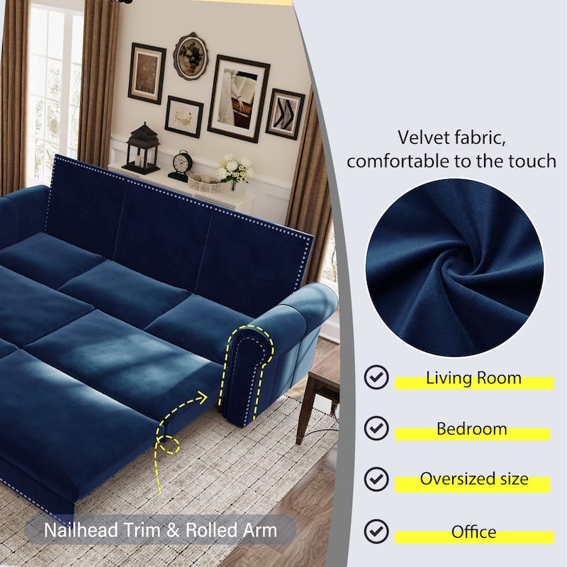 93.7" King Pull Out Sofa Bed w/ Nailhead Trim & Rolled Arm for Living Room Bedroom - Blue