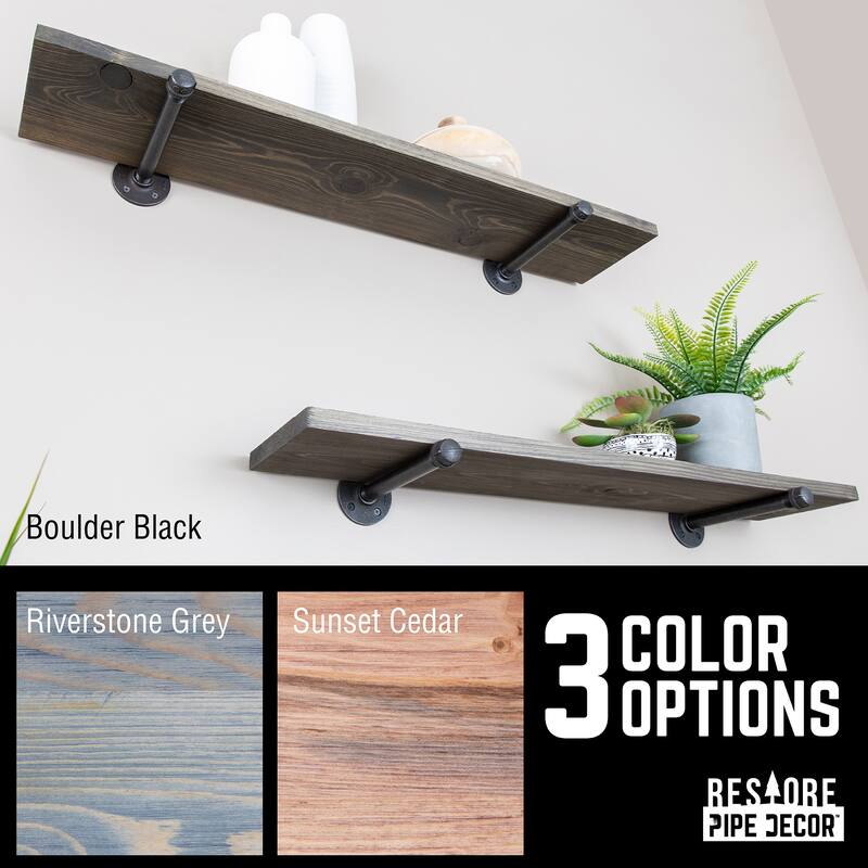 PIPE DECOR 36" Solid Wood Wall Shelves with Rustic Black Industrial Steel Pipe Brackets, Set of 2