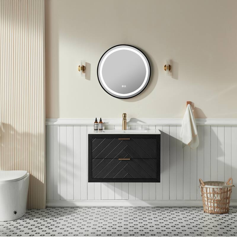 Modland 30" Wall Mount Bathroom Vanity with Ceramic Sink - 2 Soft-Close Drawers, Black/Walnut - 30 inch