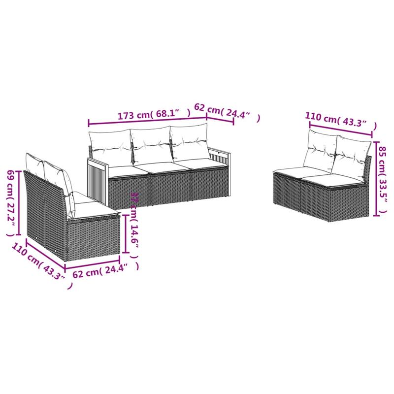 vidaXL 7/8 Piece Patio Sofa Set with Cushions Black/Gray Poly Rattan - 21.7 x 24.4 x 27.2