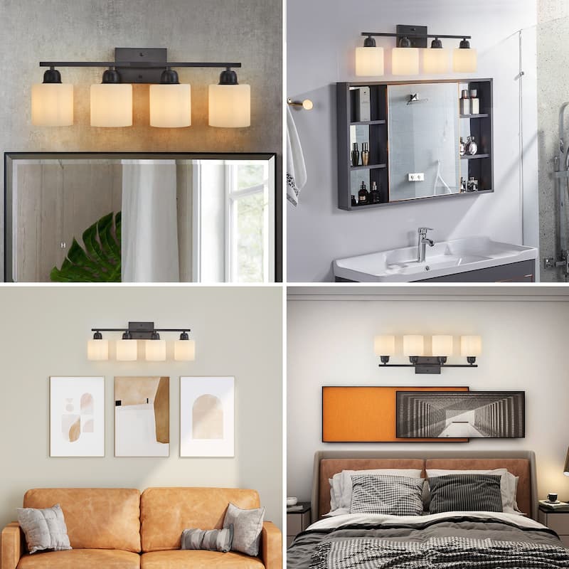 4-Light Black Bathroom Vanity - Milky Frosted Glass - E26 Socket