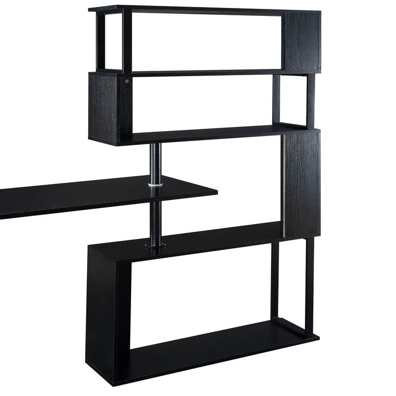 Home Office Computer Desk L-Shaped Corner Table, Rotating Office Desk with 5-Tier Bookshelf & Lockable Casters