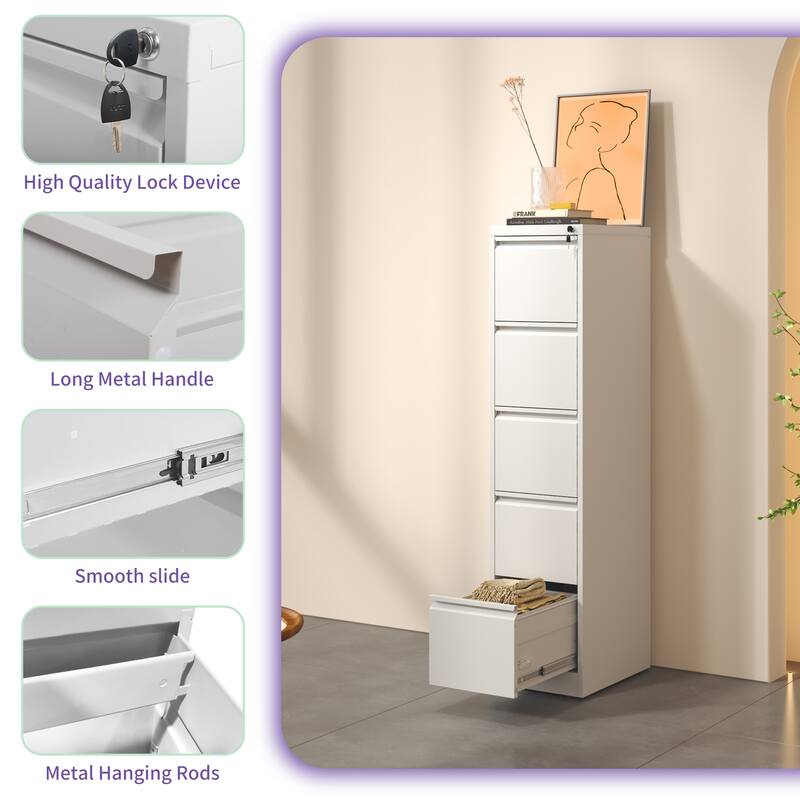 5 Drawer Metal Vertical File Cabinet with Lock Office Home Steel Vertical File Cabinet for A4 Legal/Letter Size