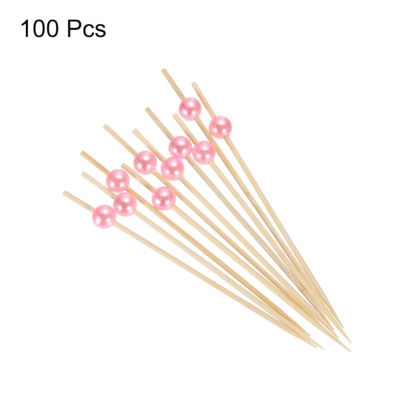 Bamboo Cocktail Toothpicks Pink Pearl Bead Drink Picks Skewer 100Pcs - 4.72"