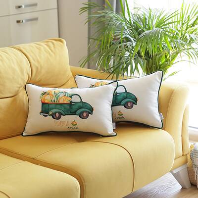 Fall Thanksgiving Decorative Throw Pillow Green Truck Lumbar Set of 2