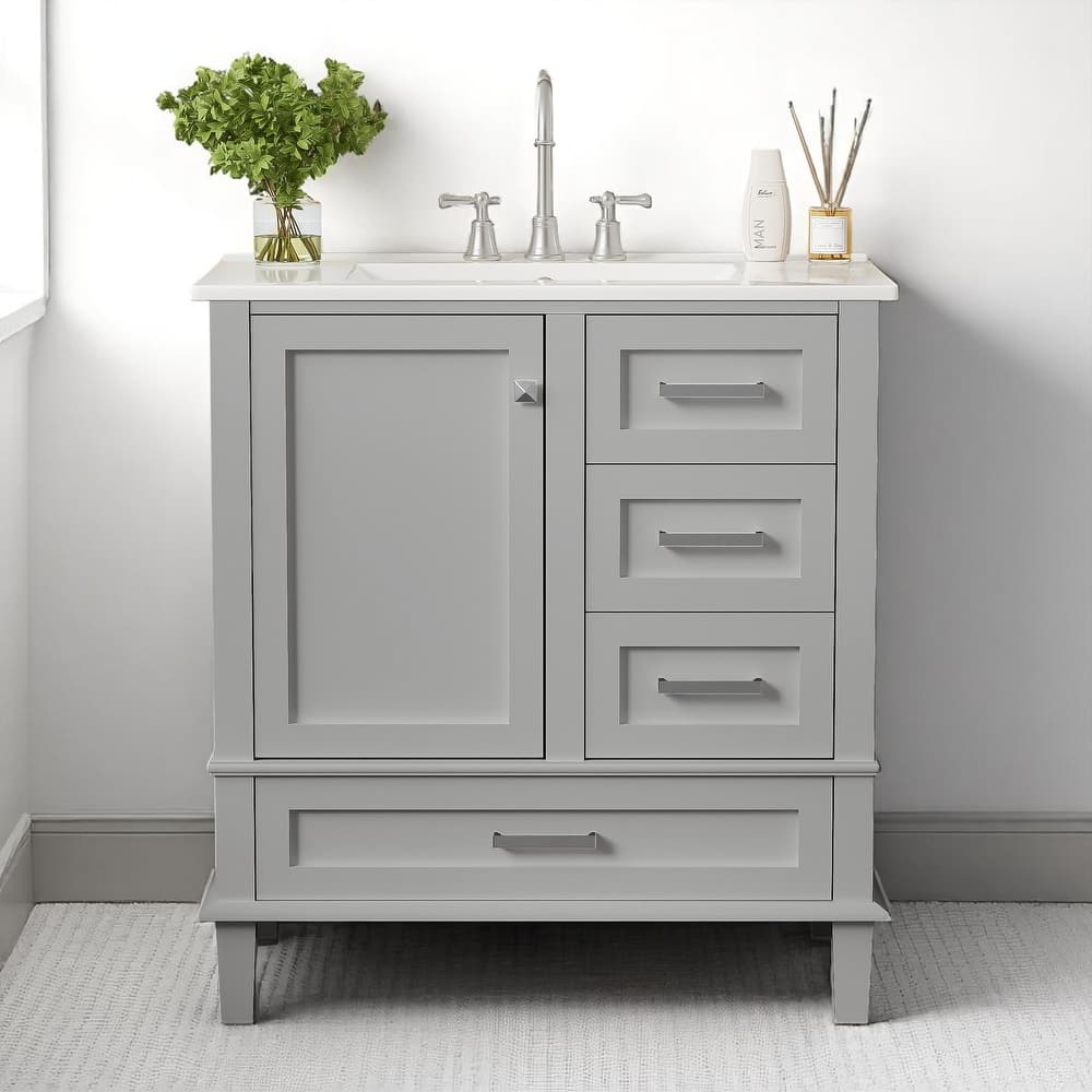 30" Modern Bathroom Vanity with Ceramic Sink, 3 Drawers, 1 Soft-Close Door, Solid Wood Frame