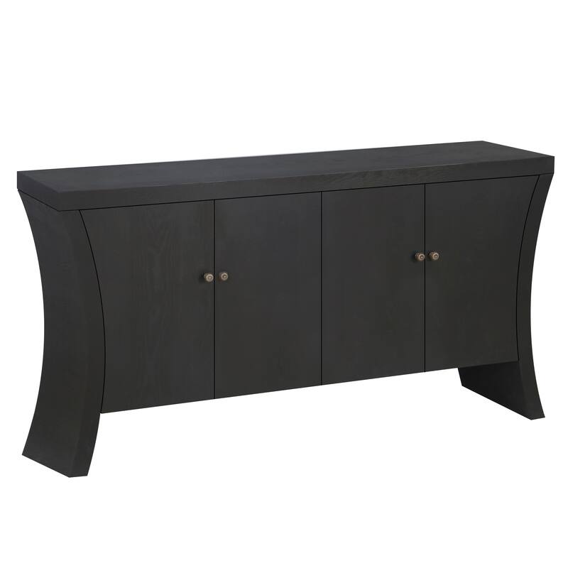 Roomfitters Refined Industrial 4-Door Credenza with Sculptural Wooden Arc Legs & Bronze Clasps, Storage Sideboard