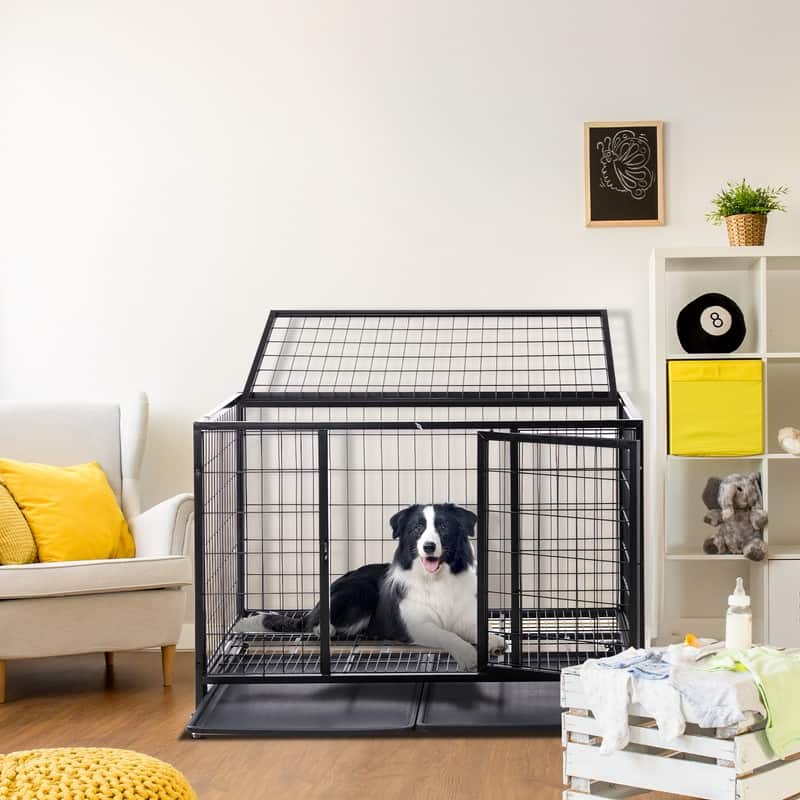 Heavy Duty Pet Playpen for Training Indoor Outdoor with Plastic Tray, Double Doors & Secure Lock