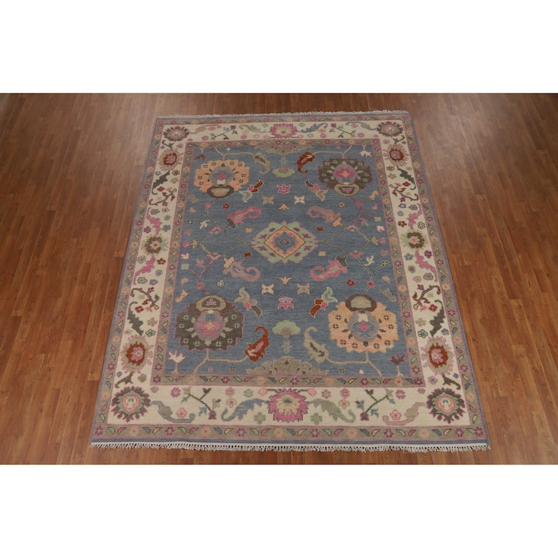 Light Blue Floral Oushak Indian Area Rug Handmade Wool Carpet - 8'0" x 9'10"