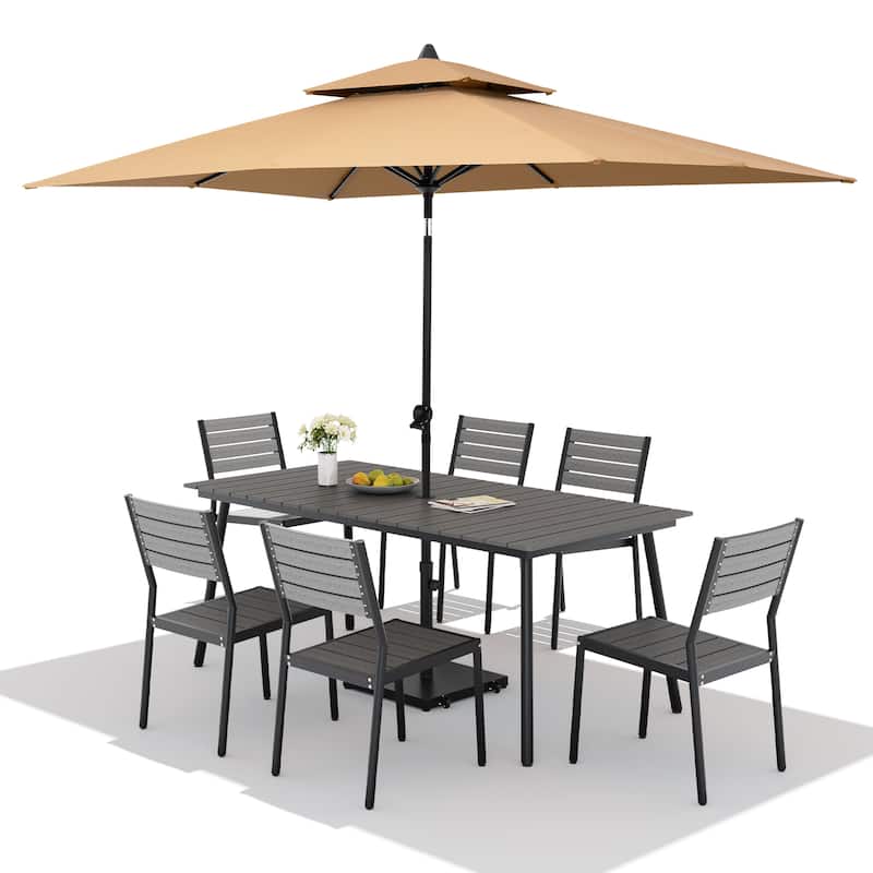 9PC Outdoor Patio Dining Set Aluminum Table with Stackable Chairs w/ Premium Market Umbrella Sets