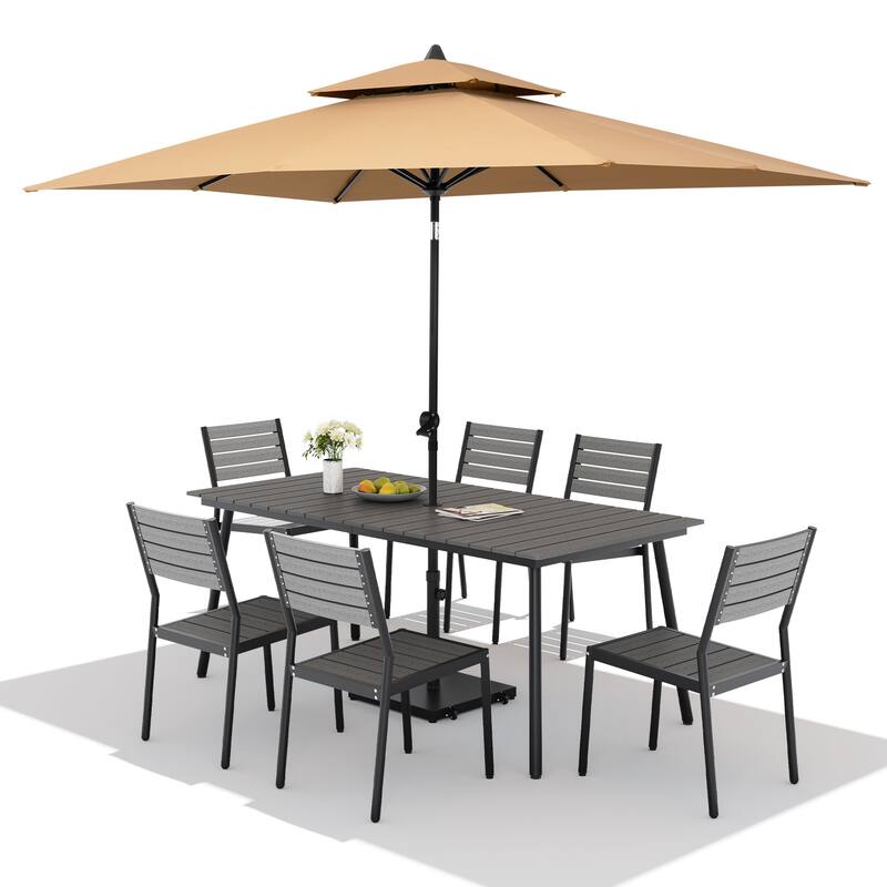 9PC Outdoor Patio Dining Set Wood-Like Aluminum Table with Stackable Chairs,Double Top Market Umbrella and Wheel Base