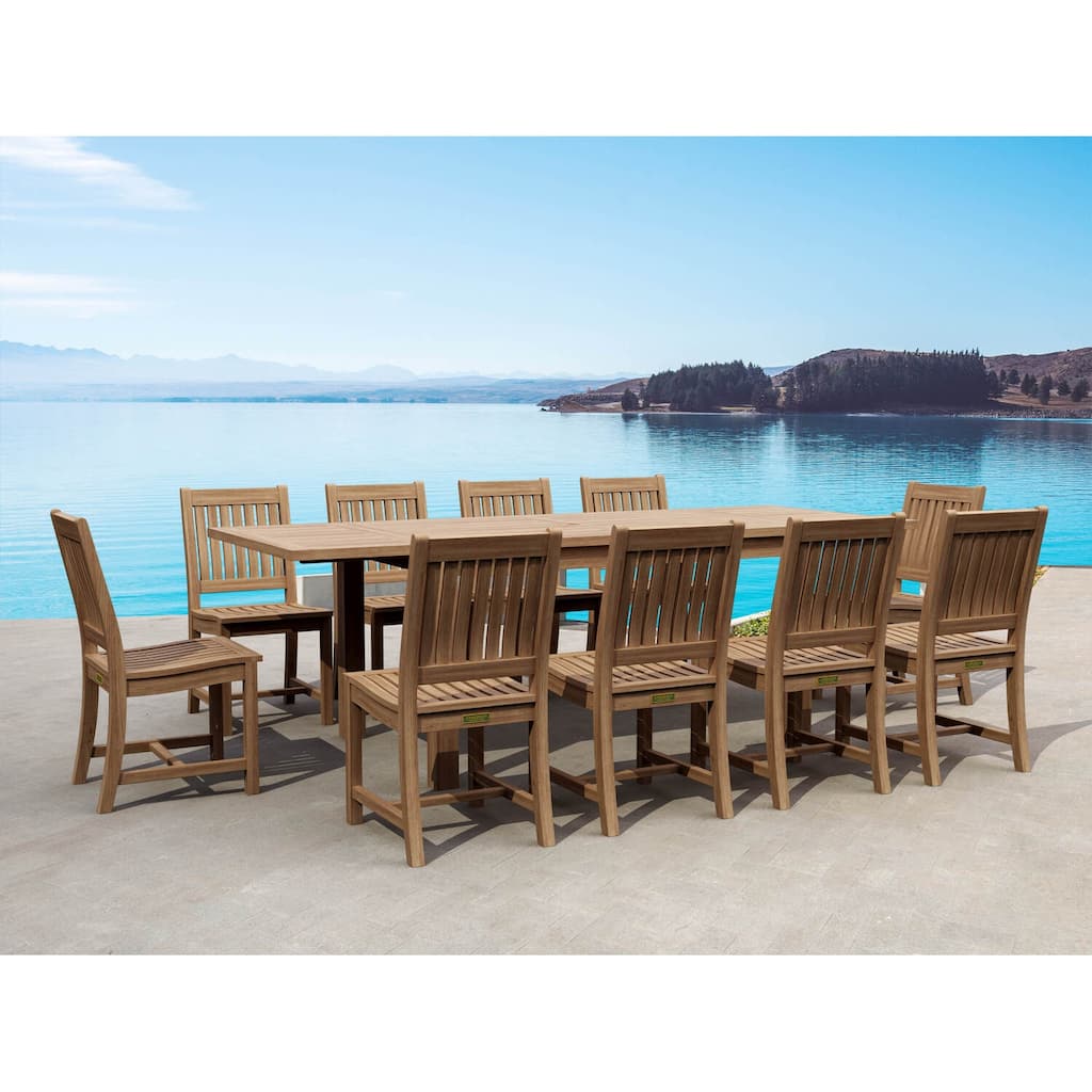 Rectangular Dining Set - 11 Piece Teak Table & Chairs - Gothic Design - Outdoor Patio Furniture