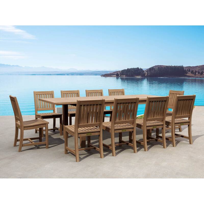 Rectangular Dining Set - 11 Piece Teak Table & Chairs - Gothic Design - Outdoor Patio Furniture