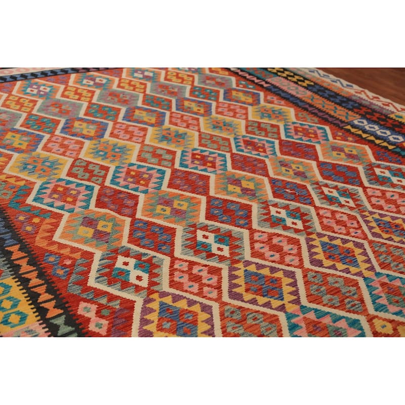 Geometric Kilim Area Rug Flatweave Oriental Multi-Color Wool Carpet - 9'11"x 12'10"
