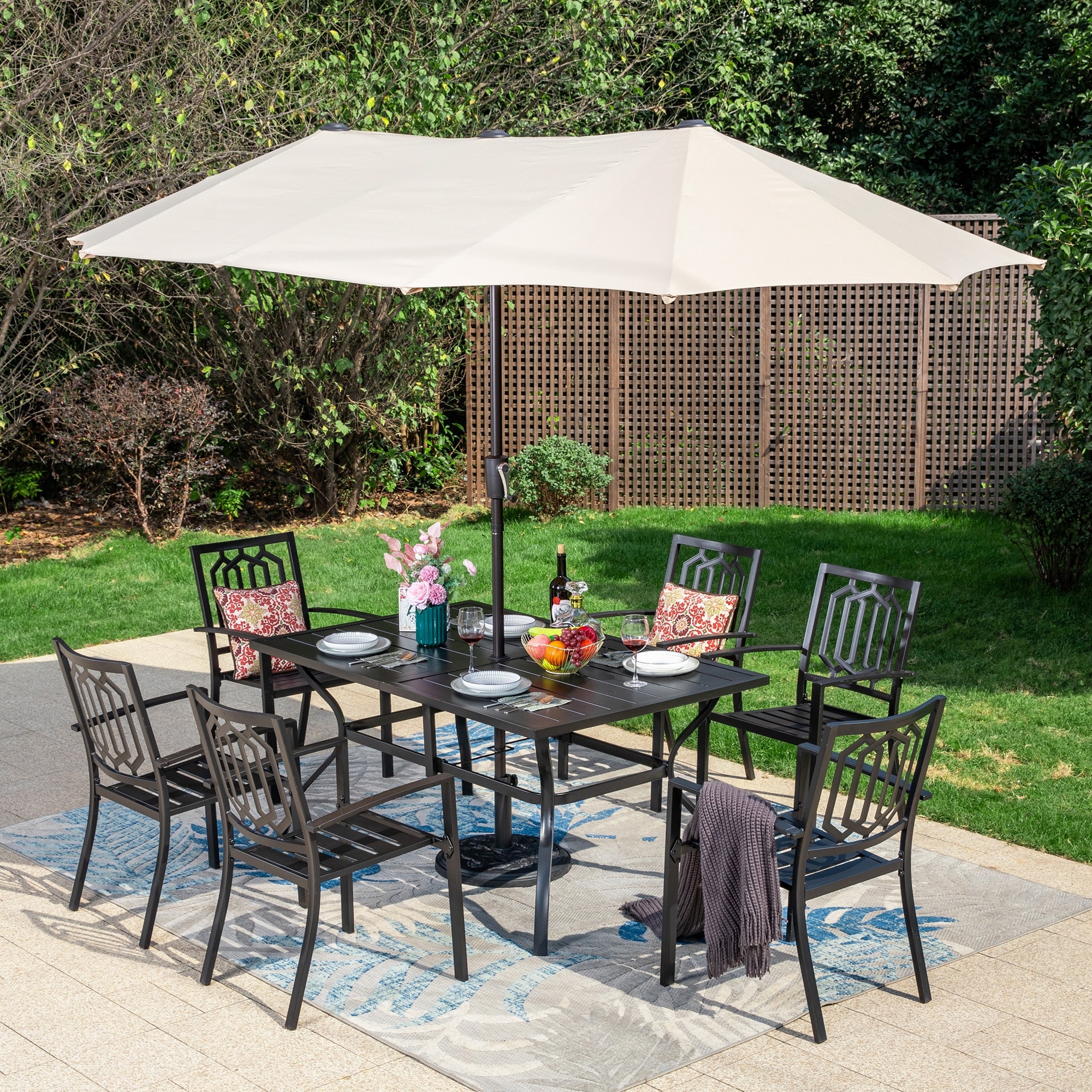 MAISON ARTS Patio Dining Set with 4/6*Metal Outdoor Chairs, Metal Square Dining Table and 10/13ft Patio Umbrella