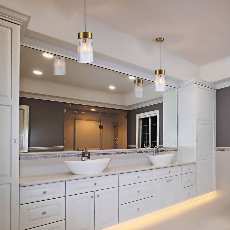 Industrial 1-Light Ribbed Glass Cylinder Pendant Light for Kitchen Island Dining Room - Gold