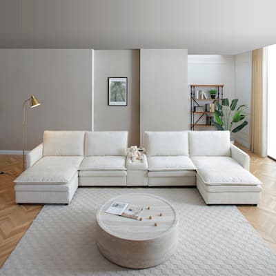 140" U-Shaped Modular 6-Seater Sectional Sofa with Movable Ottoman & Adjustable Sofa Back