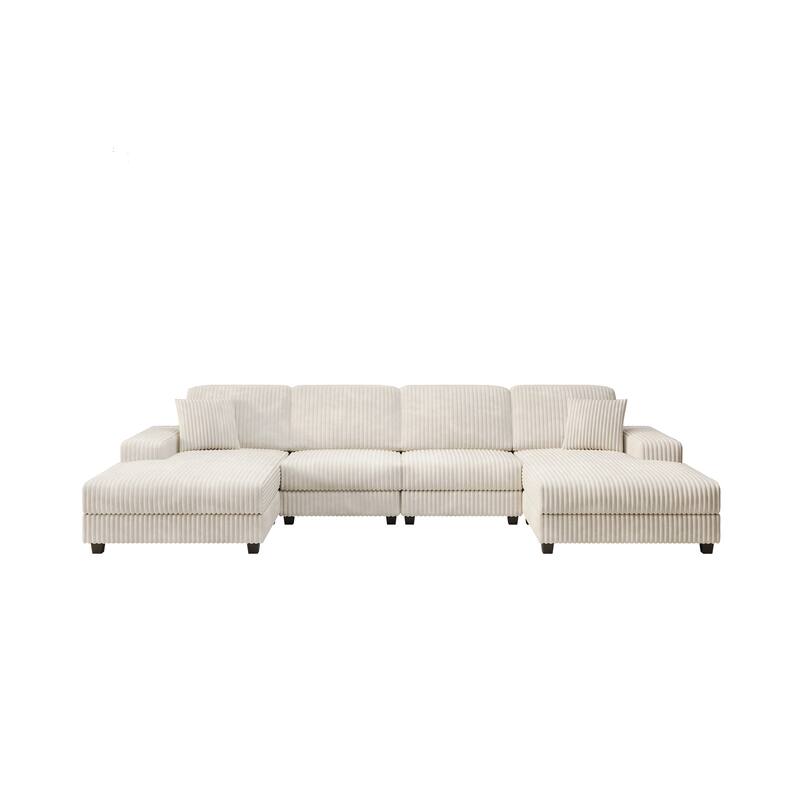 139.76" Corduroy U-Shape Sectional Sofa with Storage Armrests and Pocket Spring Cushions