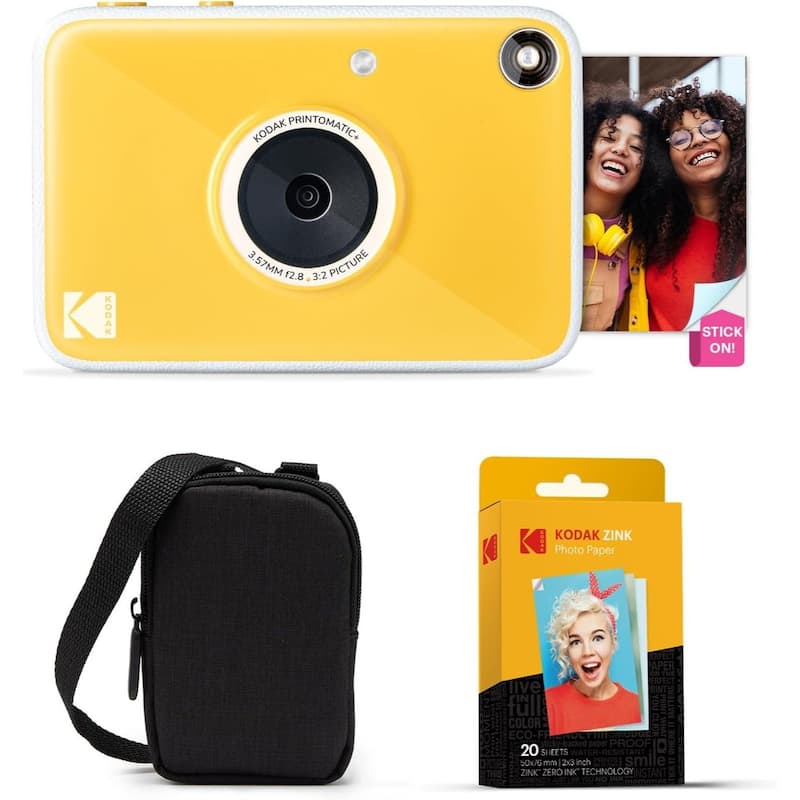 KODAK Printomatic+ Instant Camera Bundle 10MP w/ Black Case & 20 Zink Paper - Yellow